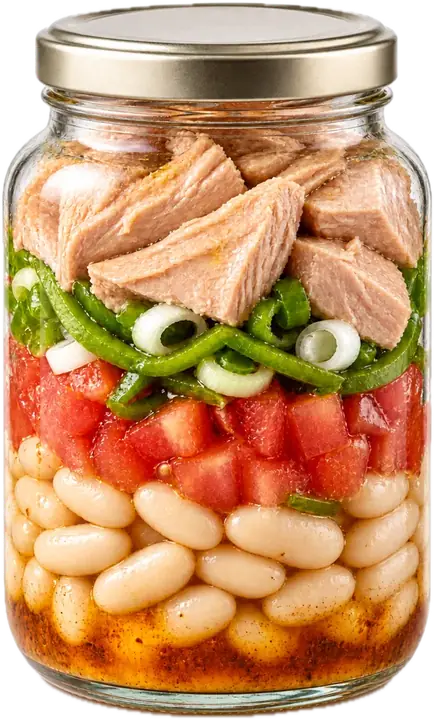 Tarro de alubias blancas con tomate, pimiento y ventresca de atún arriba