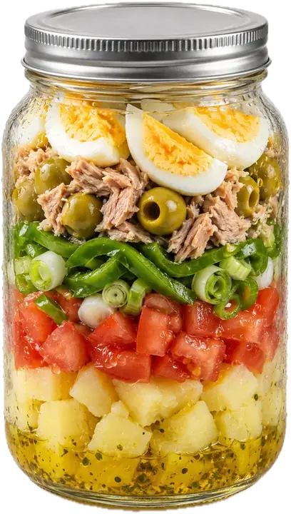 Tarro de ensalada campera: aliño, patata, tomate, pimiento, atún con aceitunas y huevo duro arriba