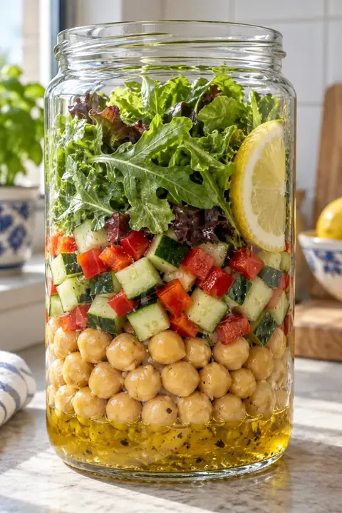 Tarro visto de cerca con las capas separadas: vinagreta abajo, garbanzos, pepino y pimiento, y hojas verdes arriba