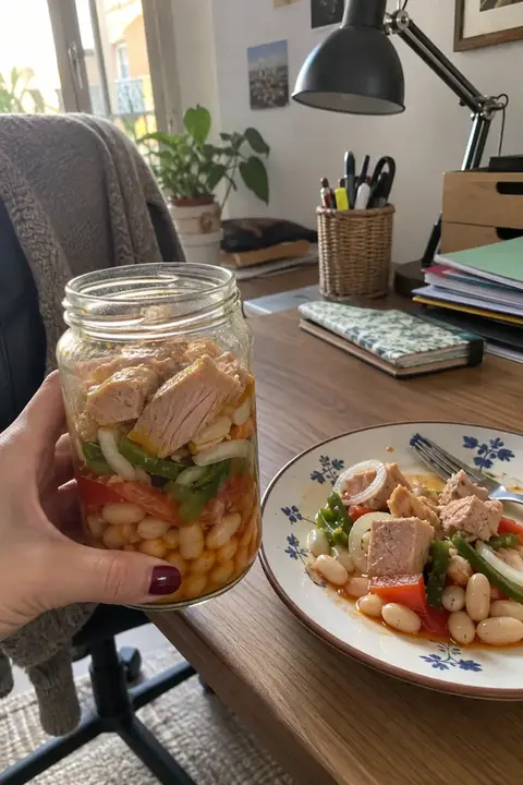 Tarro de alubias blancas con ventresca abierto junto a un plato, en una mesa de oficina