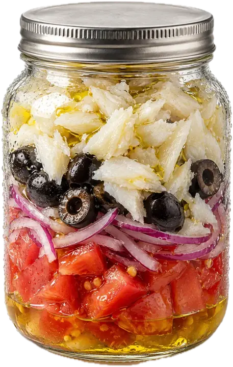 Tarro de esqueixada: tomate, cebolla morada, aceitunas negras y bacalao desmigado