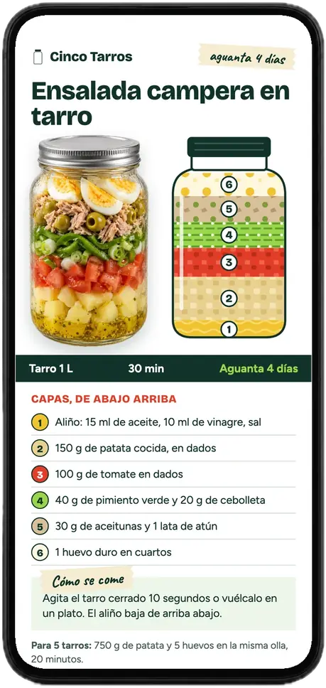 Página de la ensalada campera del recetario abierta en un móvil: foto del tarro, capas de abajo arriba con sus gramos y cuántos días aguanta