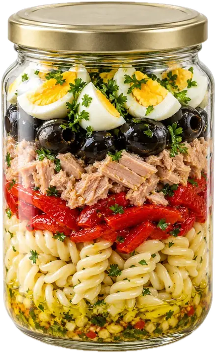 Tarro de pasta con atún, pimientos del piquillo, aceitunas negras y huevo duro