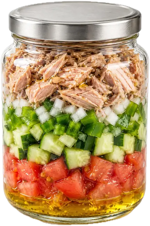 Tarro de pipirrana: tomate, pepino, pimiento y melva arriba