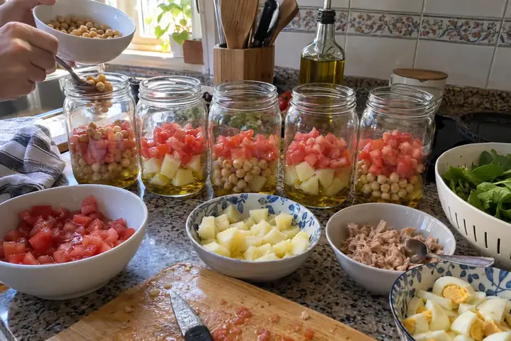 Encimera de cocina un domingo por la mañana con cinco tarros abiertos y cuencos de ingredientes