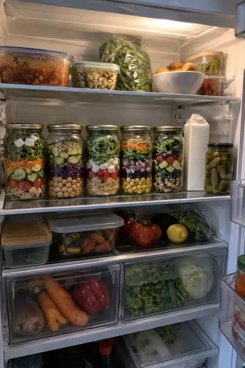 Balda de una nevera de casa con cinco tarros de ensalada en fila